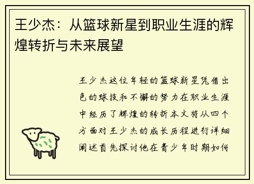 王少杰：从篮球新星到职业生涯的辉煌转折与未来展望